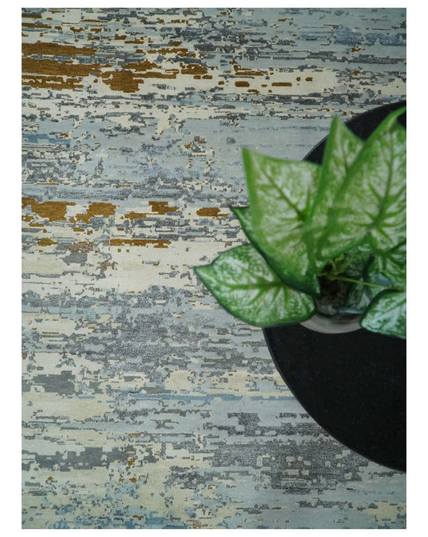 9x12 Fine Hand Knotted Ivory and Blue Modern Abstract Style Antique Wool and Silk Area Rug | AGR22