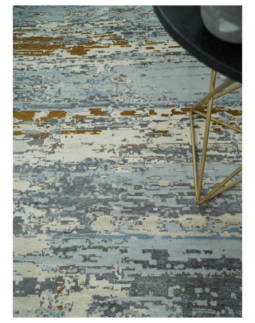 9x12 Fine Hand Knotted Ivory and Blue Modern Abstract Style Antique Wool and Silk Area Rug | AGR22