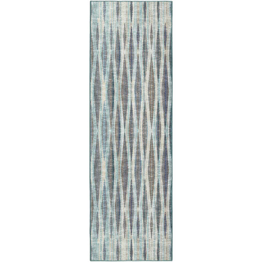 Dalyn Amador AA1 Mist runner rug with a beige, blue, and brown diamond pattern and teal border.