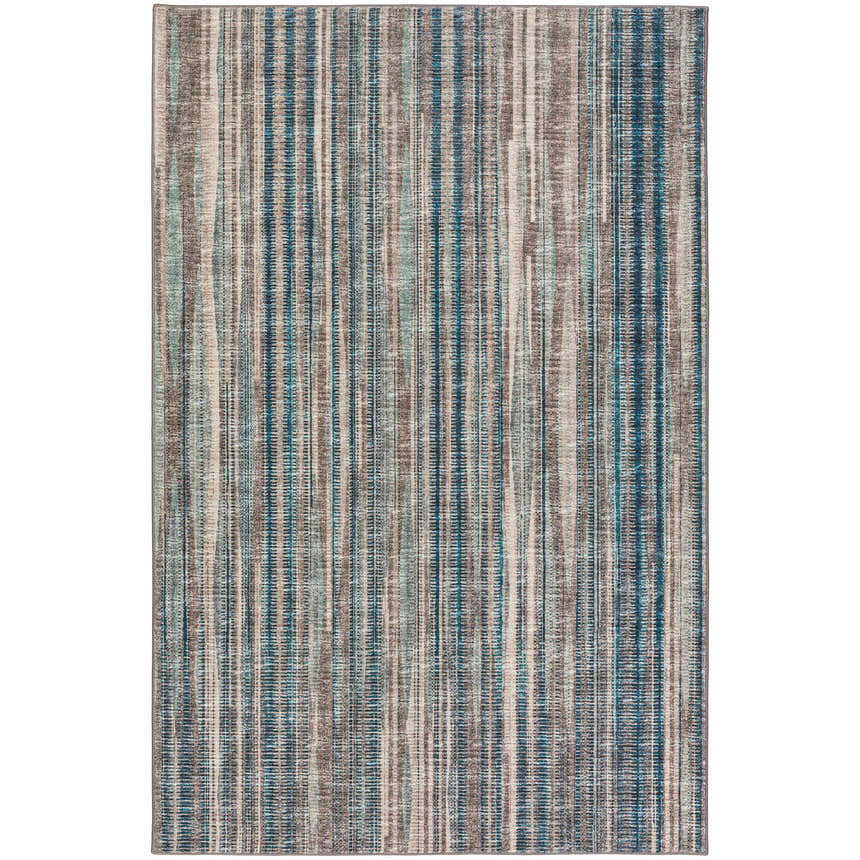 Close-up of the Dalyn Amador AA1 Mushroom Area Rug, featuring beige, brown, and blue vertical stripes.