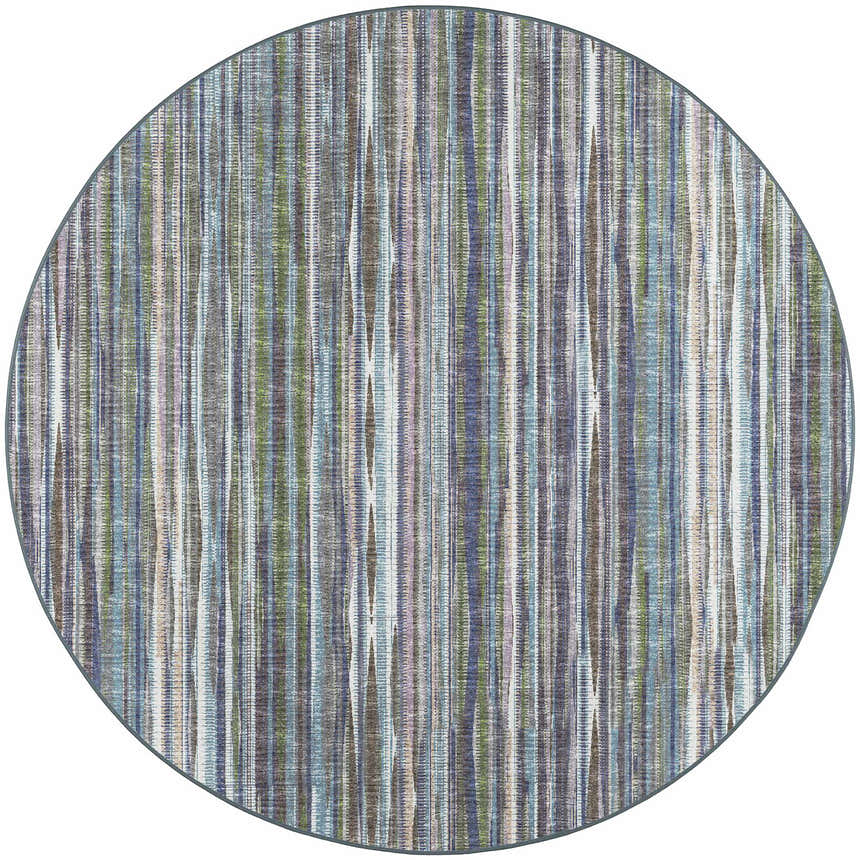 Close-up of the round Dalyn Amador AA1 Violet Area Rug. Features chestnut, green, ivory, light purple, navy, purple, and taupe stripes.