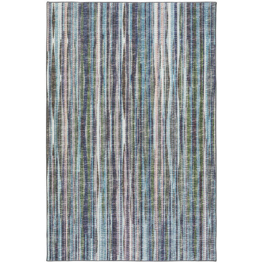 Close-up of the Dalyn Indoor/Outdoor Amador AA1 Violet Area Rug with vertical stripes in chestnut, green, ivory, and purple.