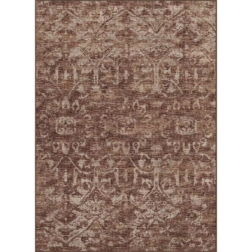 Close-up of the Dalyn Aberdeen AB1 Mink Washable Area Rug. Features a traditional, distressed pattern in mink, brown, and taupe.