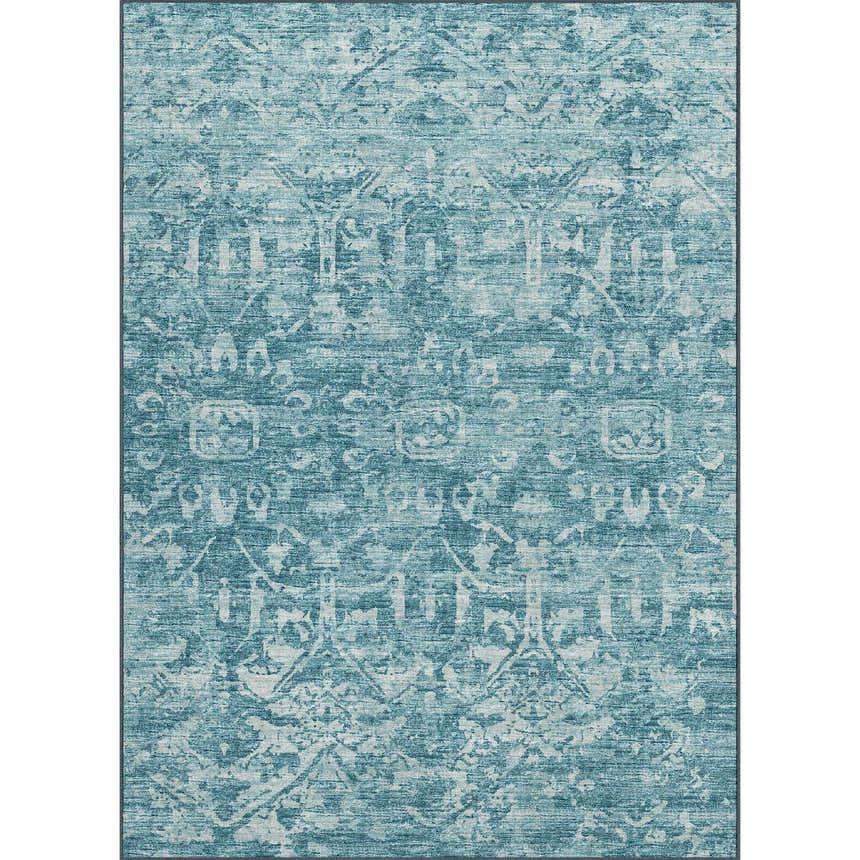 Close-up of Dalyn Aberdeen AB1 Seaside rug. Machine-made, traditional pattern in seaside blue and taupe. Washable, non-skid.