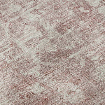 Close-up of the Dalyn Aberdeen AB2 Rose Washable Area Rug. Pink and taupe traditional floral pattern.