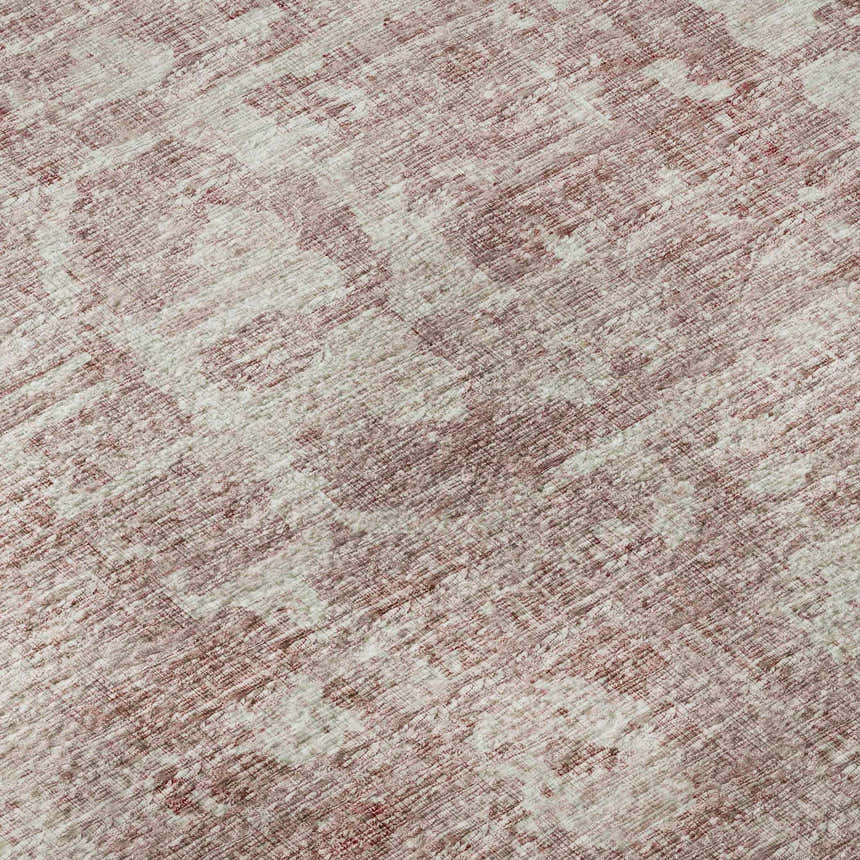 Close-up of the Dalyn Aberdeen AB2 Rose Washable Area Rug. Pink and taupe traditional floral pattern.