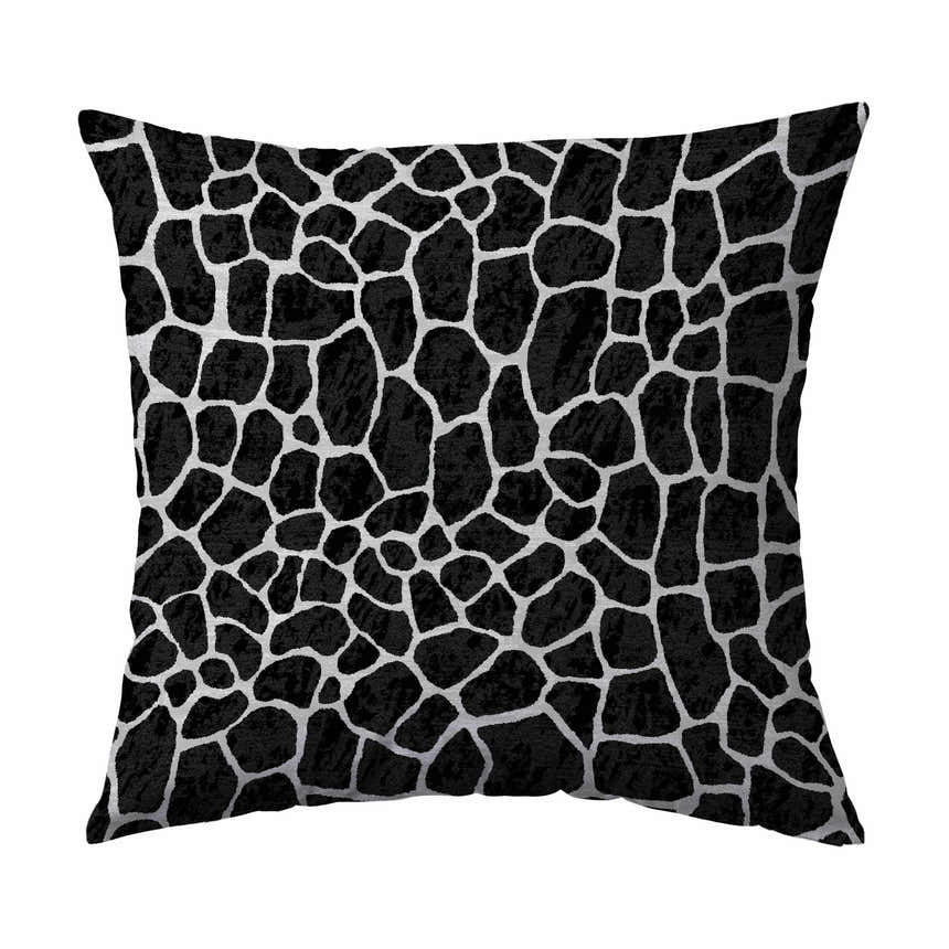 Close-up of Dalyn Machine Akina AK4 Midnight Washable Area Rug; black and white giraffe print pattern.