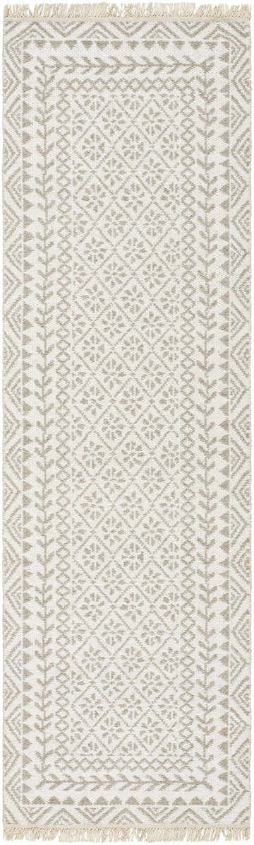 Close-up of the Albus Area Rug. Hand-woven wool rug with a geometric pattern in dark beige, driftwood, and gray tones. Design-Runner-268