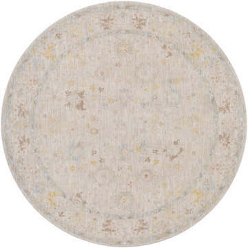 Round Amina Oushak Thick Luxe Area Rug with a traditional floral pattern in amber, brown, pink, olive, gray, mustard, and taupe. Design-Round-67