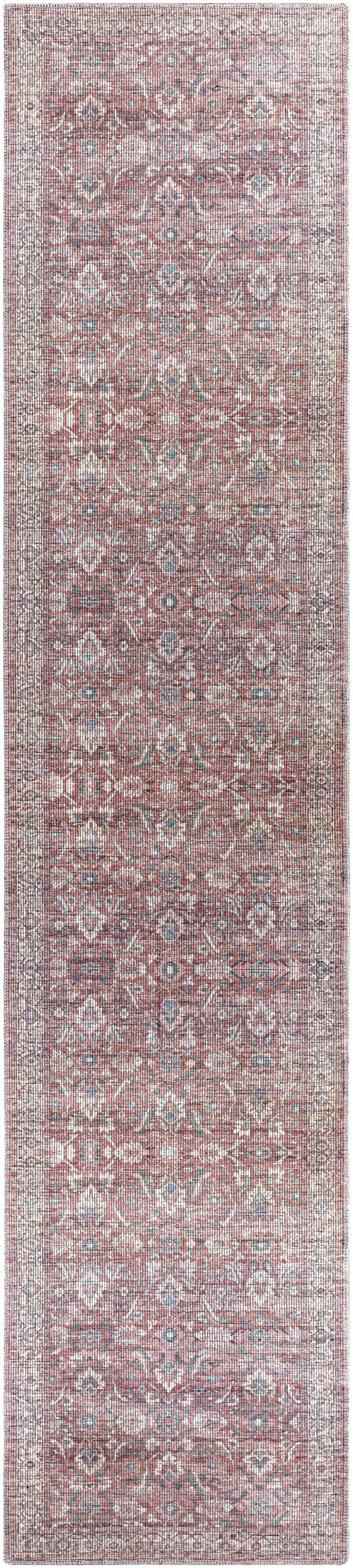 Close-up of the Amio Washable Printed Jute Rug. Traditional rug design in red, blue, and white. Farmhouse style. Design-Runner-2712