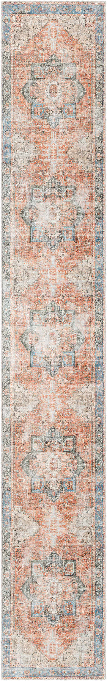 Close-up of the Livabliss Amelie AML-2309 washable area rug. Traditional design in beige, dusty pink, rust, and light blue. Design-Runner-2714