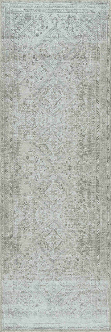 Close-up of the Barny Sage Flat Pile Washable Rug featuring a traditional diamond pattern in sage, gray, taupe, and off-white. Design-Runner-2773