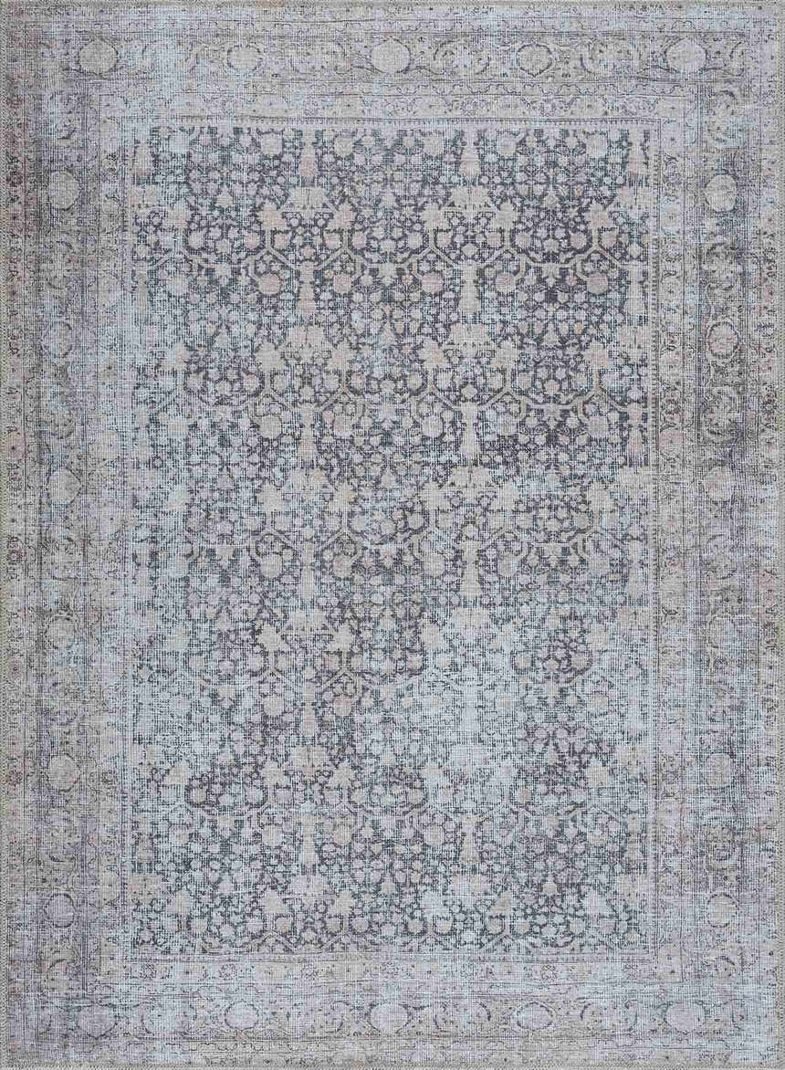 Close-up of the Hedda Boutique Washable Rug. Features a vintage-style floral pattern in dark gray, light gray, and nutmeg. Design-Rectangle-5373