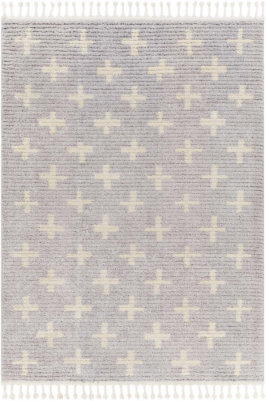 Close-up of the Anda Area Rug. Ivory plus sign pattern on medium gray rug with fringe. Soft texture. Design-Rectangle-537