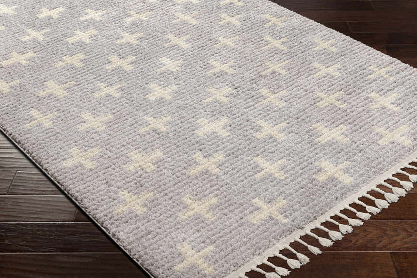Close up of the Anda Area Rug: ivory plus sign pattern on medium gray with fringe. Corner