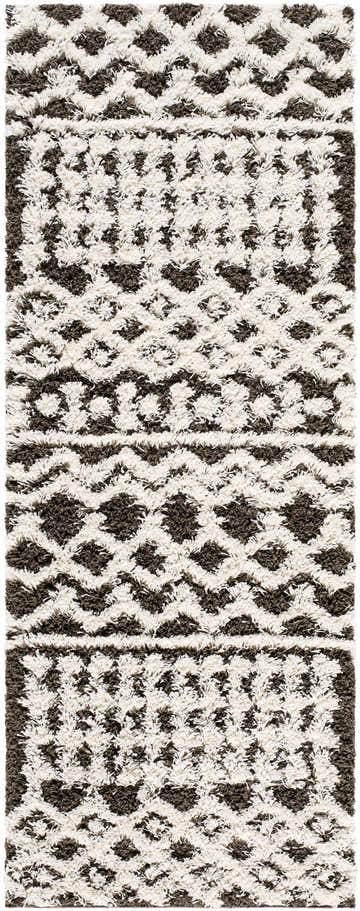 Close-up of the Aysel Shag Area Rug, a geometric design in bone and dark brown. Soft, plush texture. Design-Runner-2777
