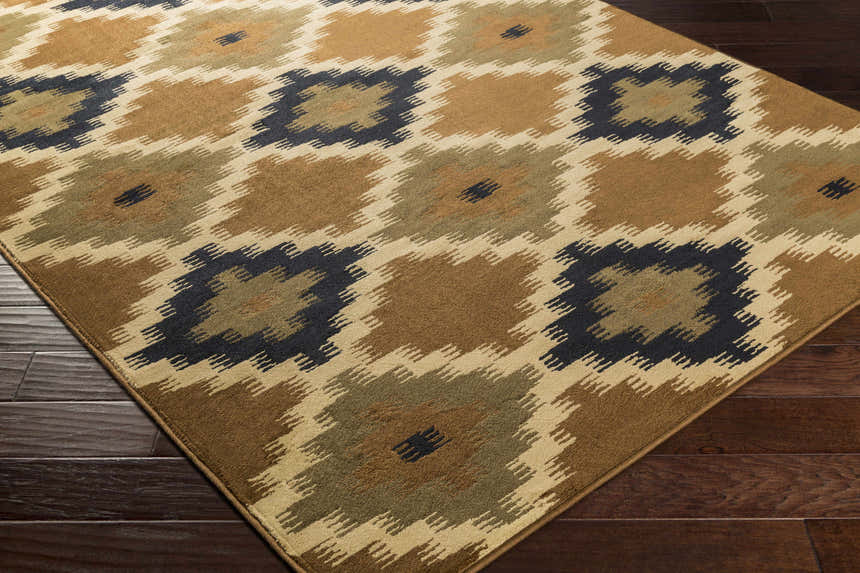 Close up of the Mountain Home MTH-1018 area rug. Beige, black, and olive geometric pattern. Contemporary style. Corner