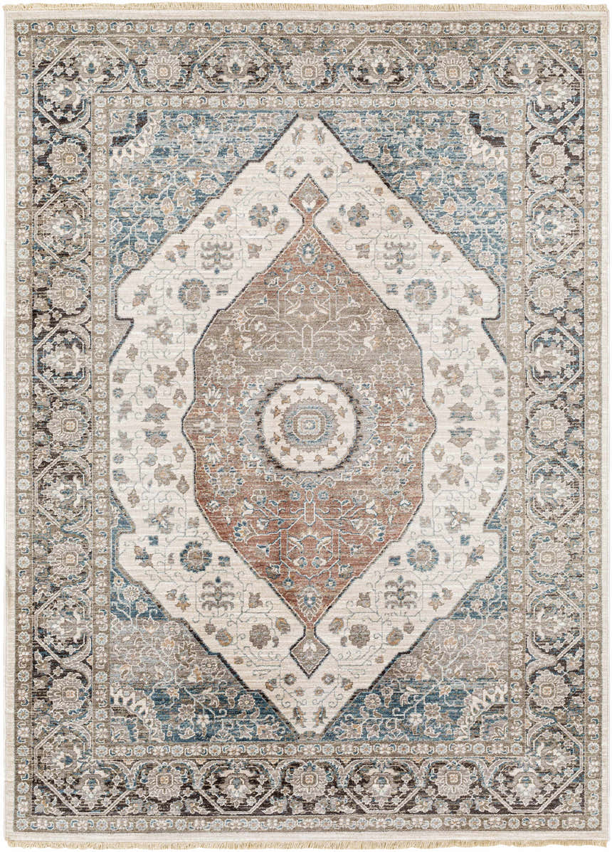 Detailed Baychester Area Rug in cream, denim, and brown. Traditional oriental rug with a central medallion pattern. Design-Rectangle-537