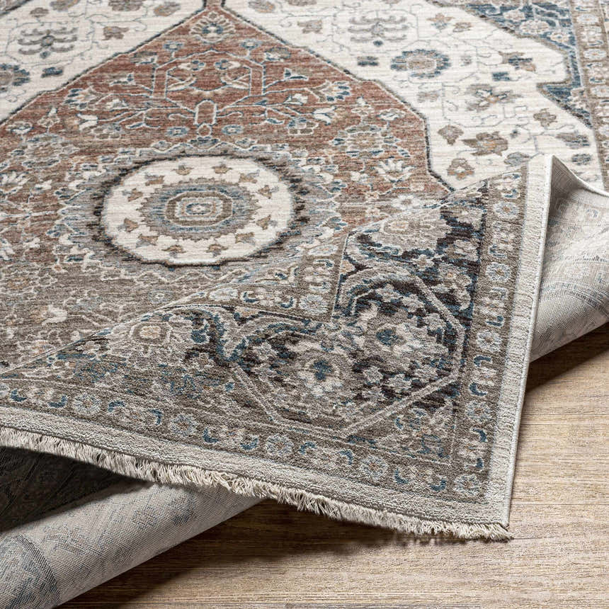 Close-up of the Baychester Area Rug showing its traditional oriental pattern, fringe, and colors: cream, brown, and blue. Fold
