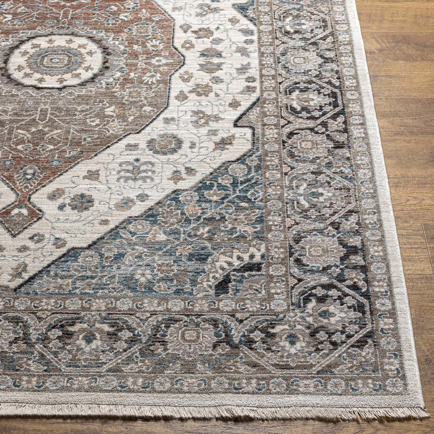 Close-up of the Baychester Area Rug showing its traditional design, cream, denim, and brown colors, and soft polyester texture. Front