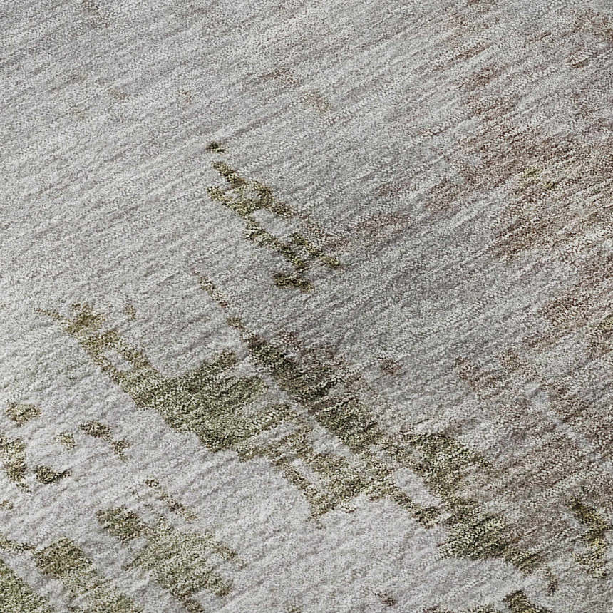 Close-up of the Dalyn Luxury Bresca BC3 Brown Washable Area Rug. Shows beige, brown, and green hues with a subtle pattern.