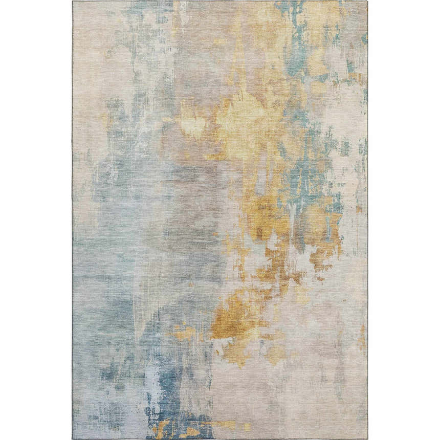Abstract Dalyn Luxury Bresca BC4 Linen Washable Area Rug with beige, gold, teal, and ivory hues.
