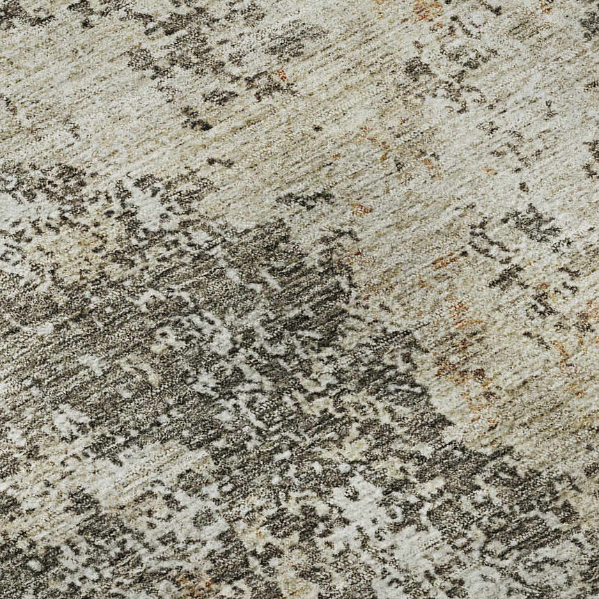 Close-up of Dalyn Luxury Bresca BC5 Terracotta Washable Area Rug. Beige, burnt orange, and dark brown abstract pattern.