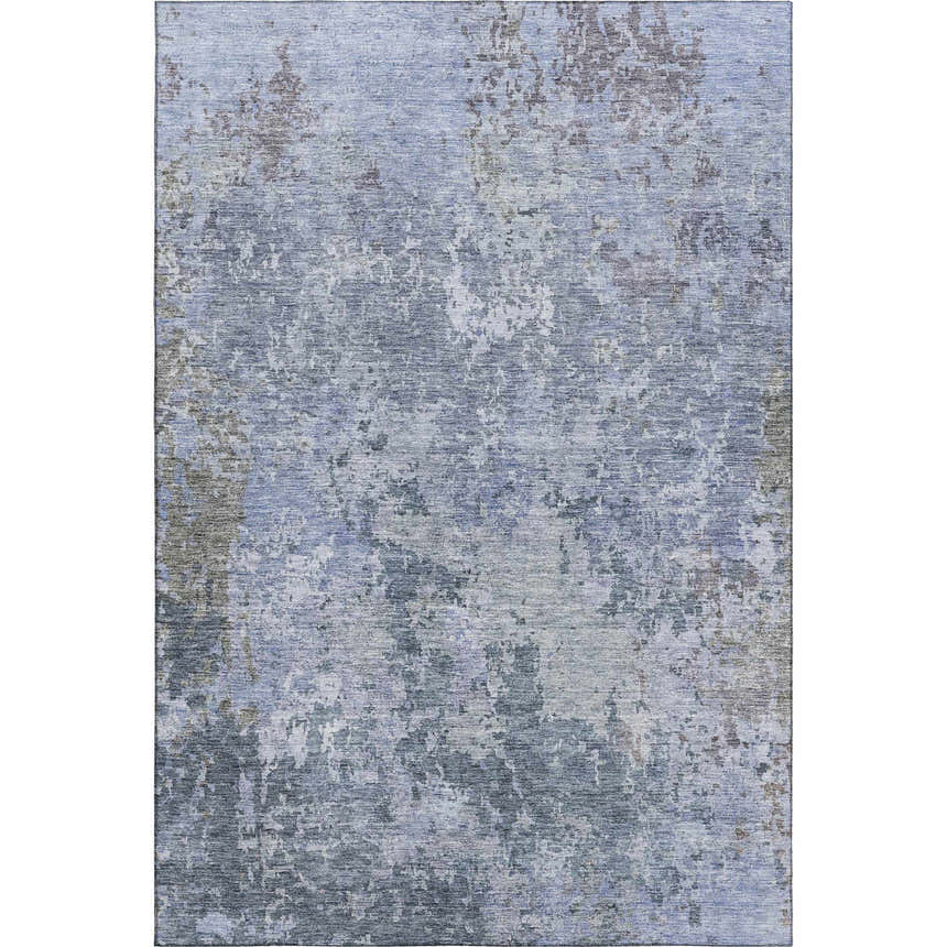 Close-up of the Dalyn Luxury Bresca BC6 Blue Washable Area Rug. Features a distressed denim, gray, and light blue pattern.
