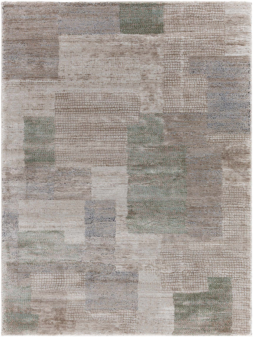 Close-up of the Anaisa Ivory Luxe Thick Area Rug. Contemporary design in ivory, tan, sage, and gray tones. Design-Rectangle-537