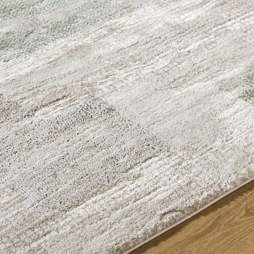 Close-up of the Anaisa Ivory Luxe Thick Area Rug showing its plush texture and contemporary ivory, gray, and sage design. Texture