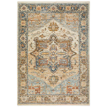 Detailed view of the Dalyn Bergama BE2 Riverview Area Rug, showcasing its traditional beige, blue, and spice pattern.