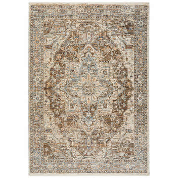 Detailed product shot of the Dalyn Bergama BE9 Mocha Area Rug. Features beige, brown, and light blue traditional patterns.