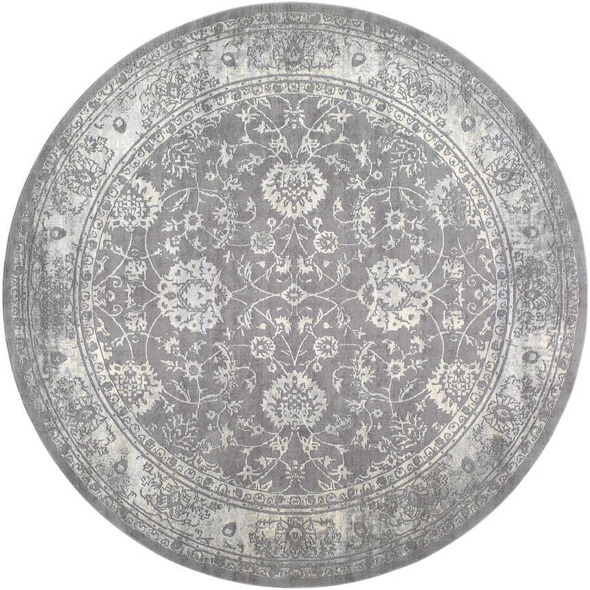 Round Benavides Gray Updated Traditional Tibetan Rug with floral pattern in charcoal, gray, and ivory. Machine woven. Design-Round-67