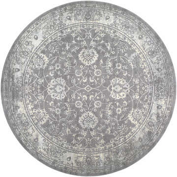 Round Benavides Gray Updated Traditional Tibetan Rug with floral pattern in charcoal, gray, and ivory. Machine woven. Design-Round-67