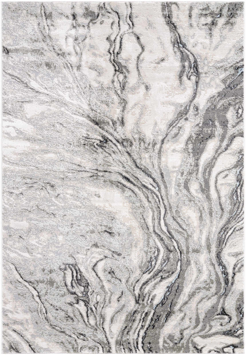 Close-up of the Brandi Gray Marble Area Rug, featuring a swirling beige, cream, and gray marble-like pattern. Design-Rectangle-537
