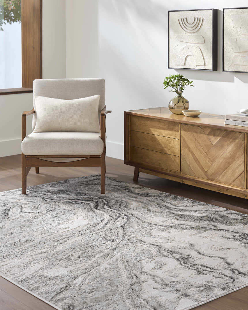 Living room scene with a Brandi Gray Marble Area Rug, beige chair, and wooden cabinet. Roomscene-Rectangle