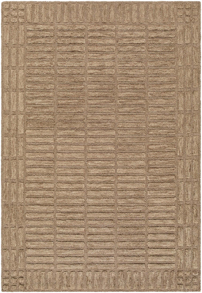 Close-up of the hand-tufted Birger Beige Area Rug. 100% wool rug with a contemporary geometric pattern in beige, sandstone, and taupe. Design-Rectangle-576