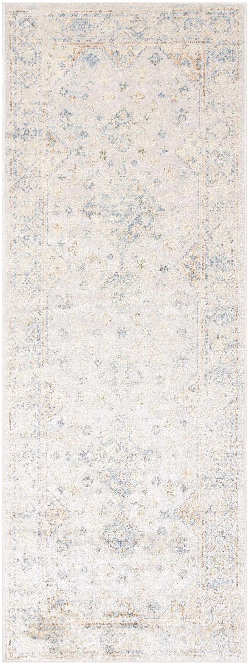 Close-up of the Bhavya Cream Washable Area Rug, featuring a traditional design with beige, muted blue, and sage colors. Design-Runner-2773