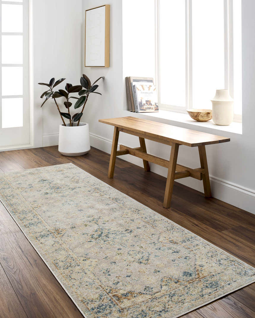 Hallway styled with a Bhavya Cream Washable Area Rug, wood bench, and modern decor for a farmhouse feel. Roomscene-Runner
