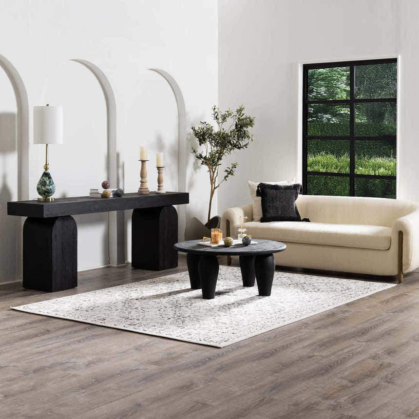 Living room scene with a charcoal and gray Spring Area Rug, cream sofa, and black accent furniture. Roomscene-Rectangle