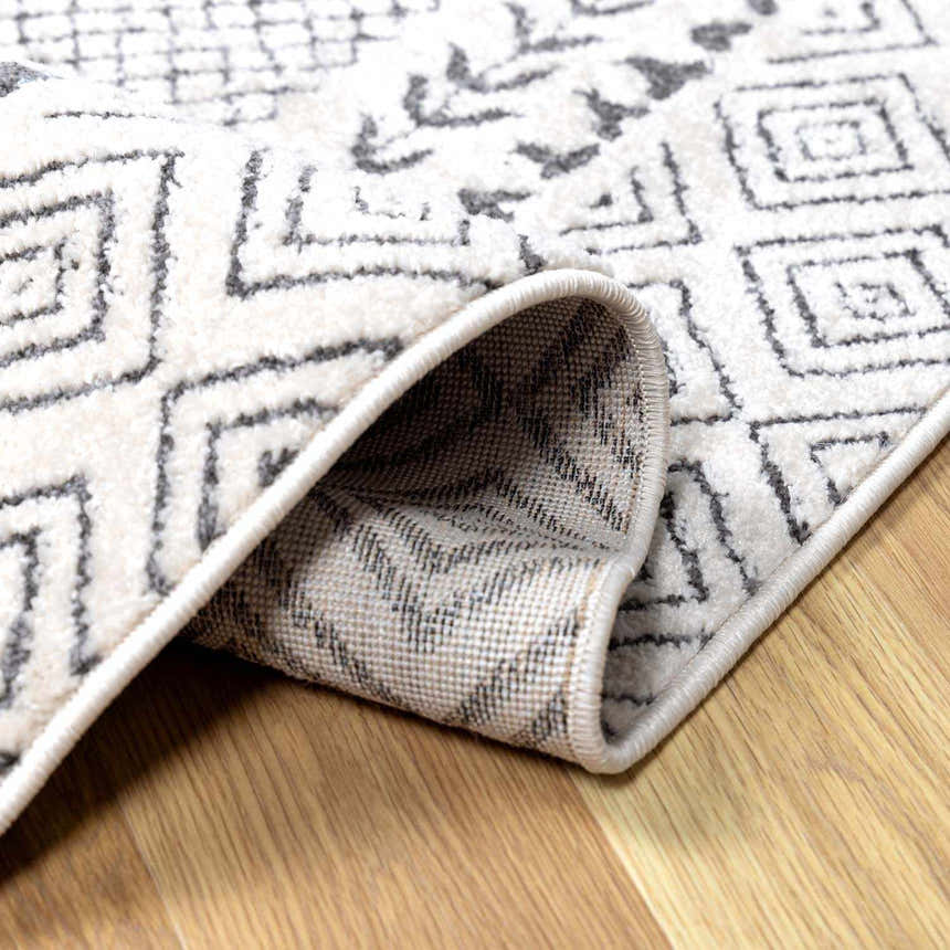 Close-up of the New Burdette Area Rug. Charcoal geometric pattern on off-white background. Machine woven texture. Fold