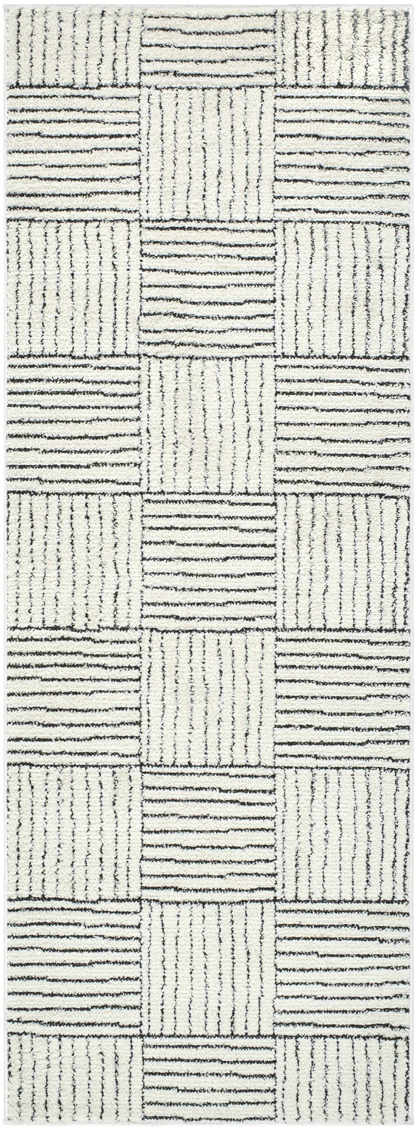 Close-up of Modern Scandi High Pile Architect I Area Rug; ivory and black geometric design. Contemporary style. Design-Runner-273