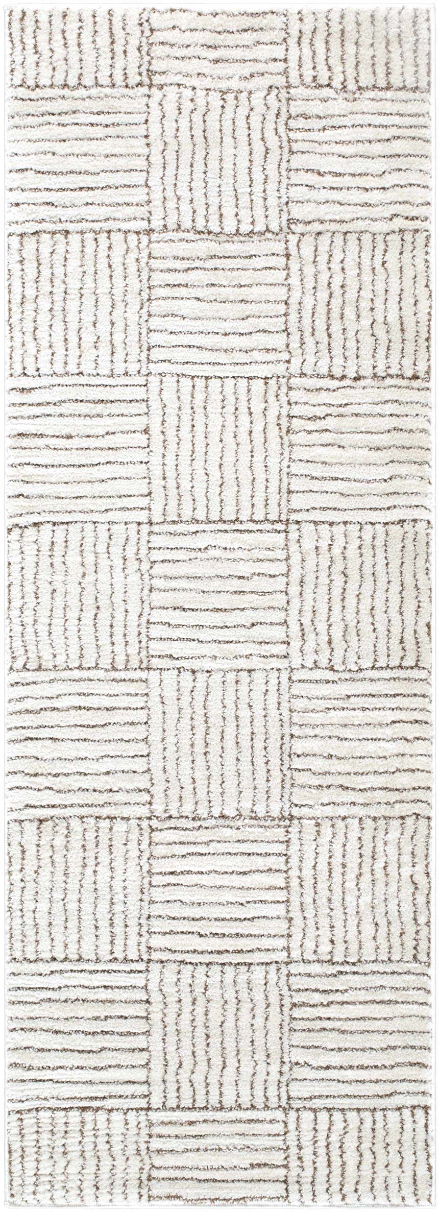 Close-up of Modern Scandi Architect II Area Rug. Ivory high pile rug with dark brown geometric pattern. Contemporary style. Design-Runner-273