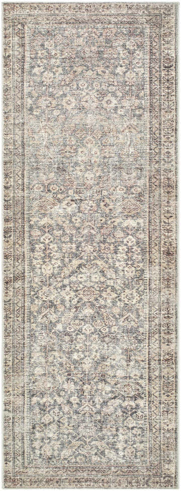 Close-up of a Collins Avenue III Vintage Damask Area Rug. Beige, dark red, green, ivory, and rust farmhouse style rug. Design-Runner-273