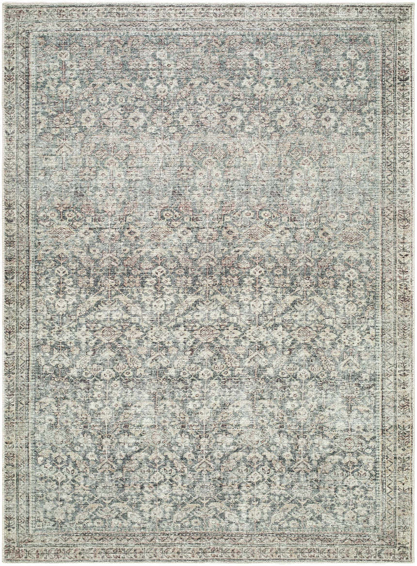 Close-up of the Galey Alix x LIVABLISS GACA-2302 Collins Avenue rug. Beige, dark red, green, ivory, and rust traditional pattern. Design-Rectangle-53