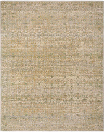 Close-up of the Riley Tan Area Rug. Hand-crafted wool rug with cream, green, sage, and tan farmhouse design. Design-Rectangle-710910