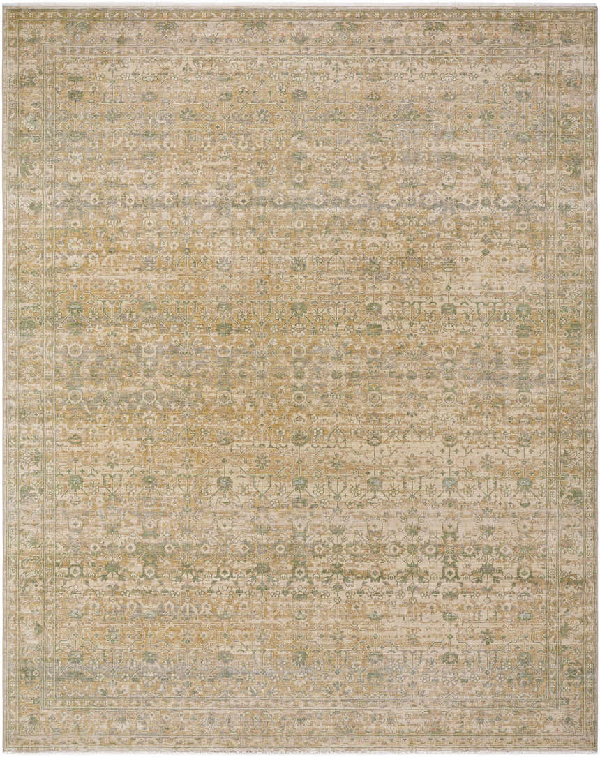 Close-up of the Riley Tan Area Rug. Hand-crafted wool rug with cream, green, sage, and tan farmhouse design. Design-Rectangle-710910