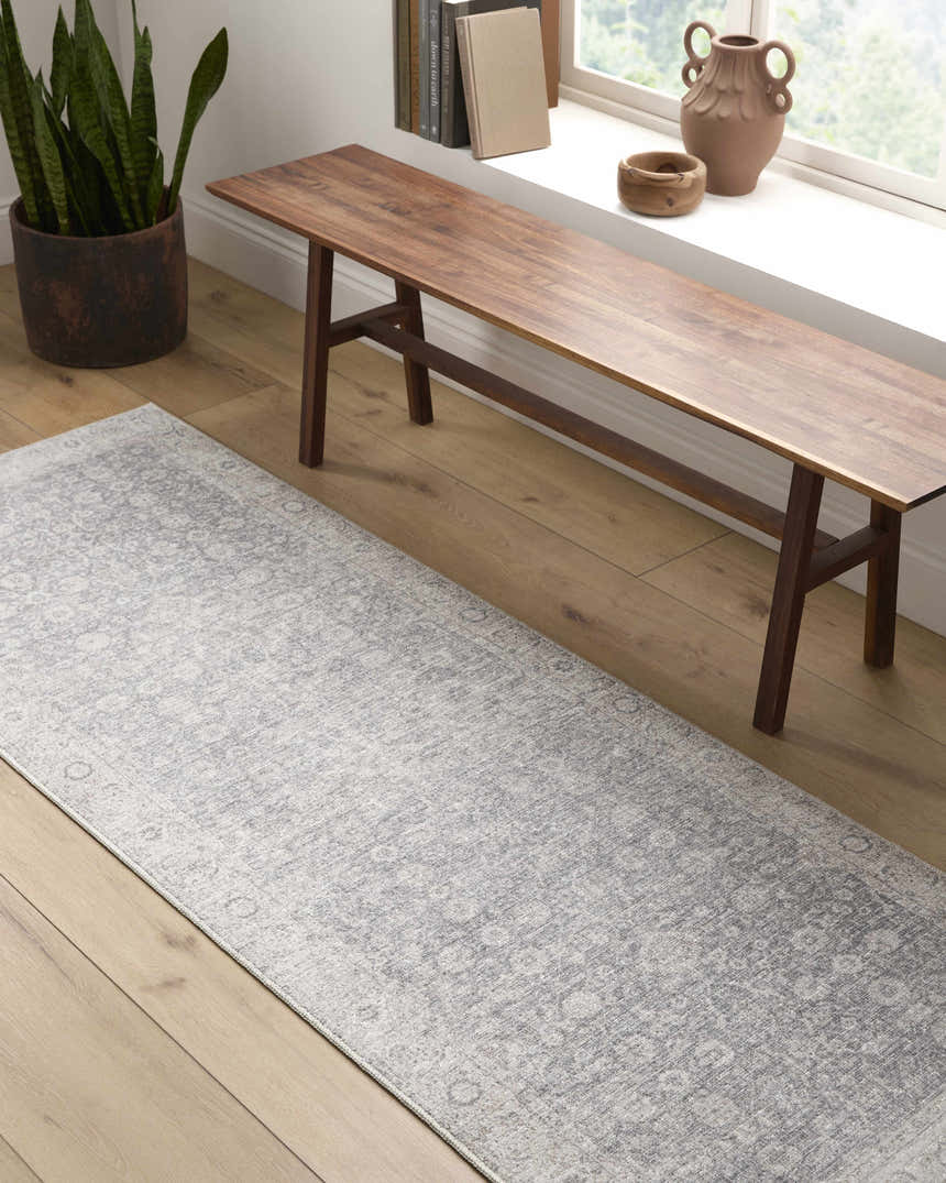 Entryway with wood floors, bench, and gray Spokane Machine Woven PNW Home x LIVABLISS runner rug. Roomscene-Runner