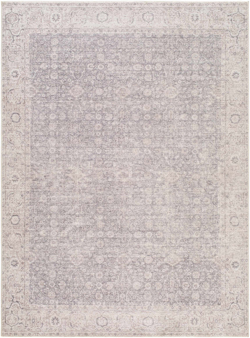 Close-up of the Spokane Machine Woven PNWSP-2305 Area Rug. Features farmhouse style, charcoal, dark brown, and off-white colors. Design-Rectangle-537