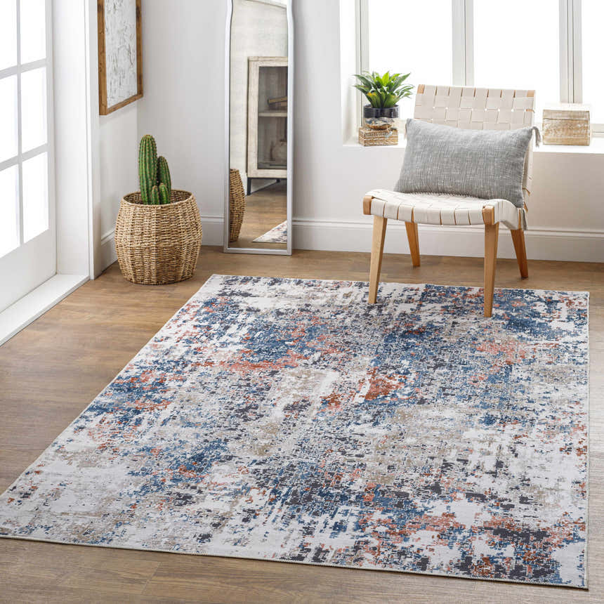 Bright entryway with Ballyshannon Washable Area Rug in dark gray, denim, nutmeg, and silver. Contemporary style. Roomscene-Rectangle